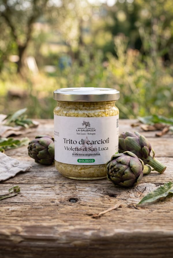 Barattolo di trito di carciofi Violetto di San Luca biologico in olio extravergine de La Galeazza, con carciofi freschi